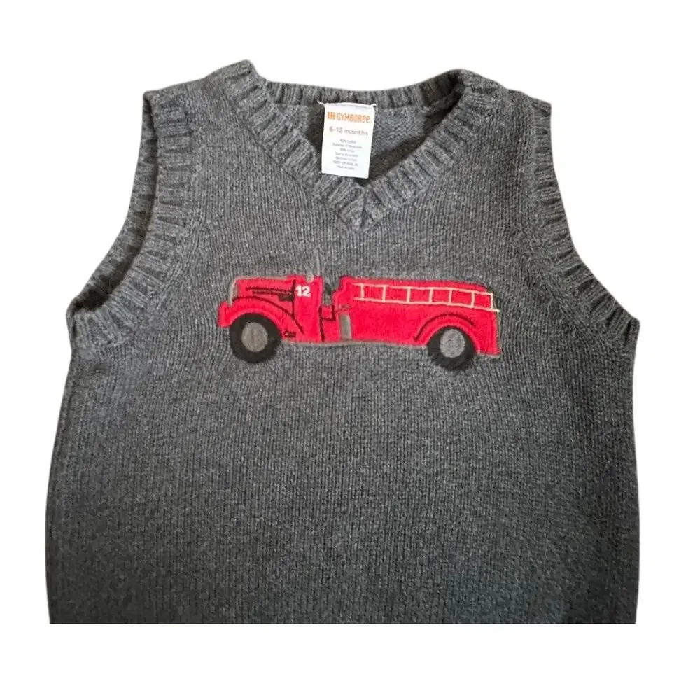 Gymboree boys size 6-12 month gray sweater vest with an embroidered fire engine​